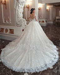 Attractive Long Sleeve Bateau Beaded Train Wedding Dress with A-Line Lace Appliques