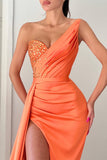 Stunning Orange V-Neck Mermaid Evening Dress Long Split with Beads BM bride