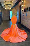 Sleeveless Orange Mermaid Evening Dress with Halter and Appliques BM bride