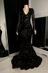 Charming Black V-neck Mermaid Prom Dress With Long Sleeves-BMbride.com