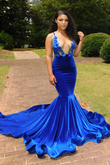 Charming Blue Spaghetti Straps V-neck Transparent lace Column Mermaid Prom Dresses-BMbride.com