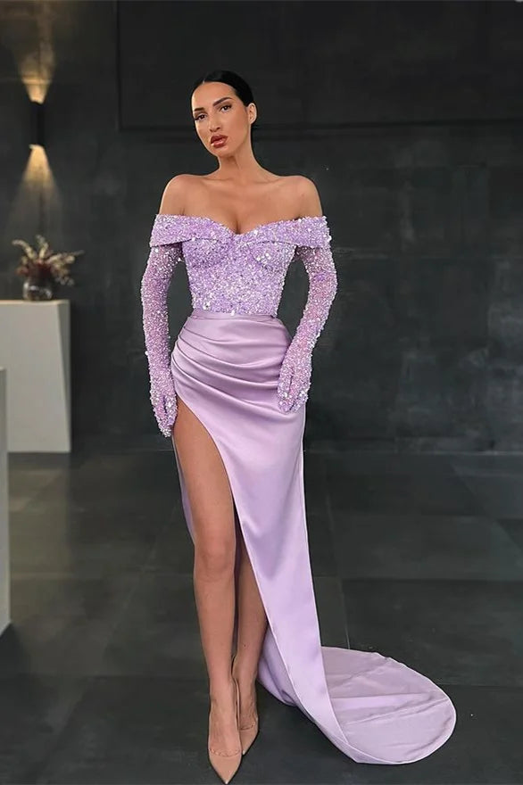 Charming Long Mermaid Off-the-shoulder Long Sleeves Lace Prom Dress With Slit-BMbride.com