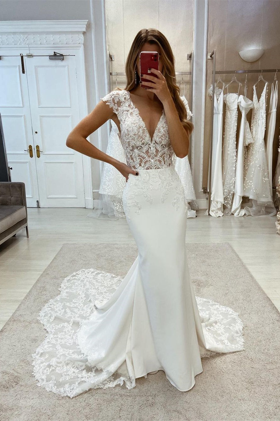 Charming V-neck Lace Sleeveless Mermaid Wedding Dress With Train-BMbride.com