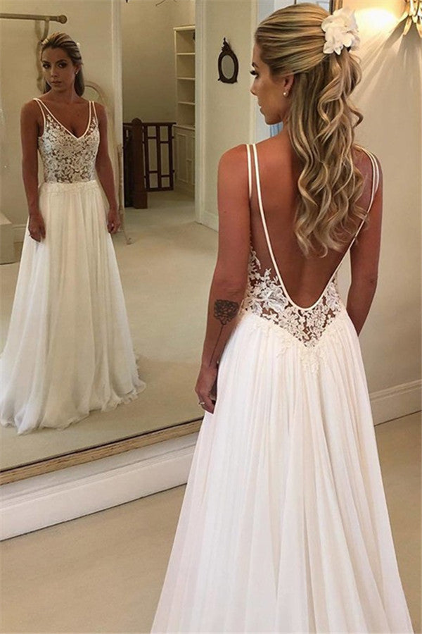 Charming V-Neck Sleeveless Appliques A-Line Floor-Length Wedding Dresses-BMbride.com