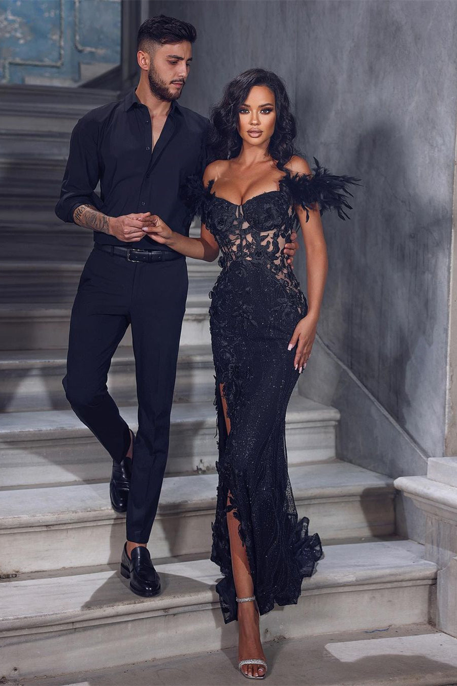 Chic Black Floor Length Sleeveless Off-The-Shoulder Mermaid Lace Prom Dress with Split-BMbride.com