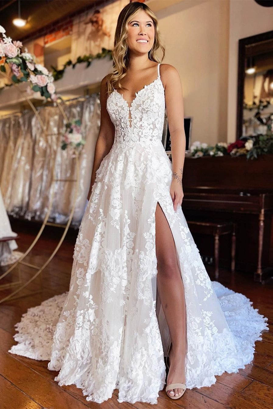 Chic Long A-line Spaghetti Straps Lace Wedding Dress With Slit-BMbride.com