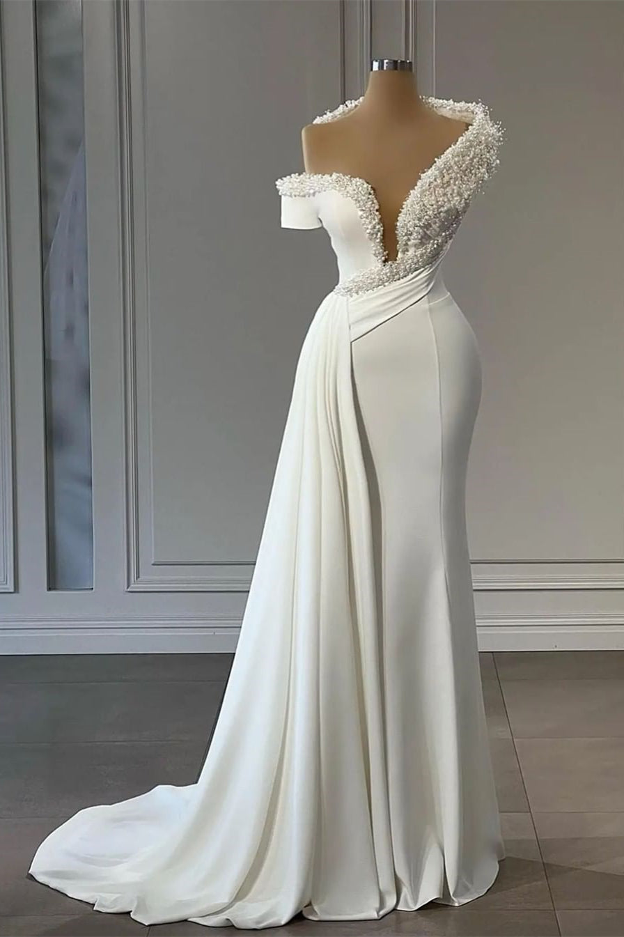 Classy V-neck Off-the-shoulder Beading Sleeveless Mermaid Wedding Dresses-BMbride.com