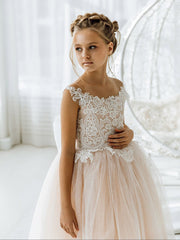 Cute Sleeveless Floral Lace Champagne Flower Girl Dress-BMbride.com