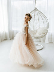 Cute Sleeveless Floral Lace Champagne Flower Girl Dress-BMbride.com