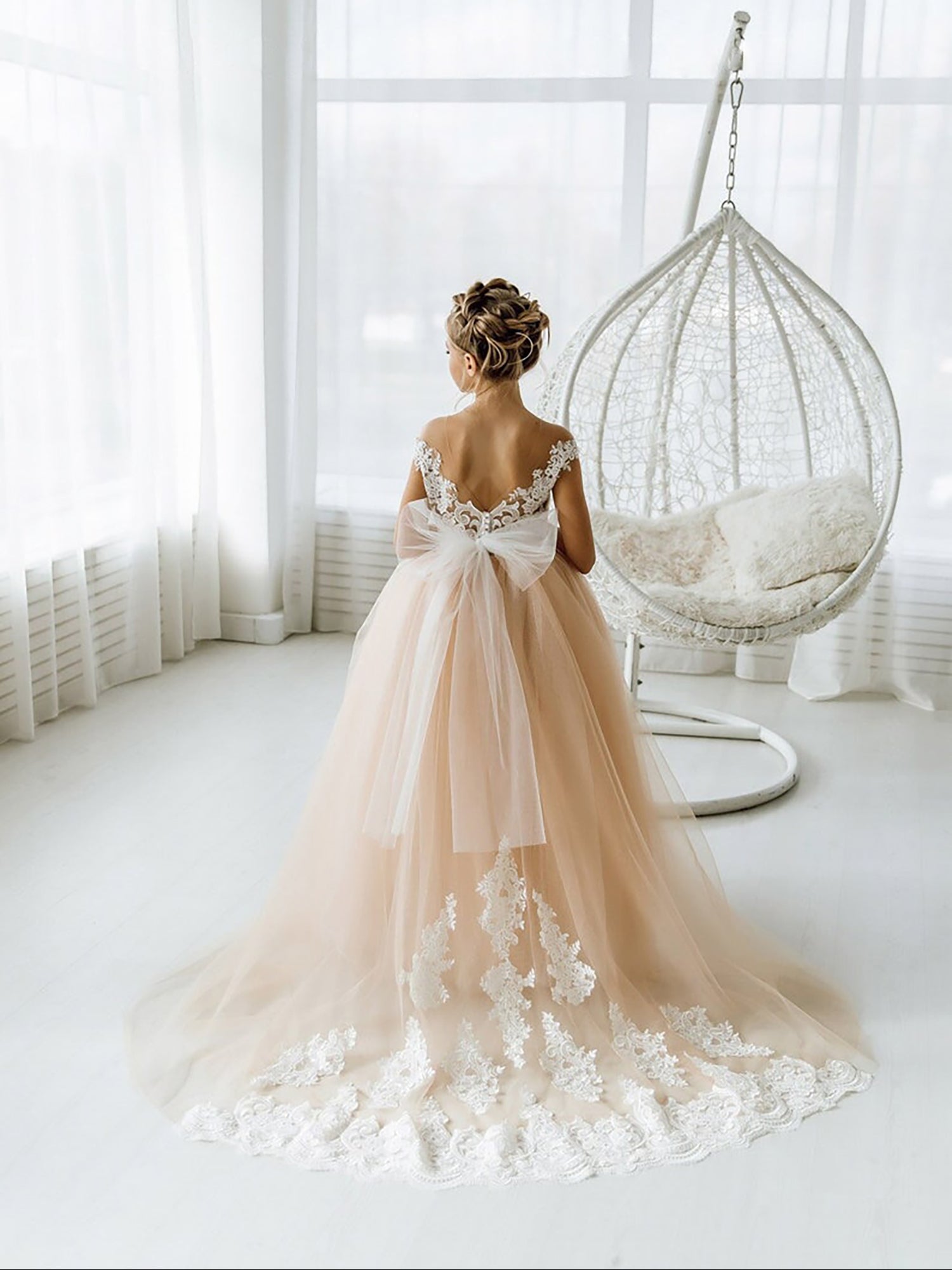 Cute Sleeveless Floral Lace Champagne Flower Girl Dress-BMbride.com