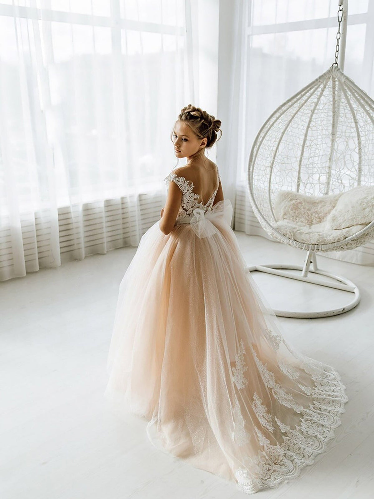 Cute Sleeveless Floral Lace Champagne Flower Girl Dress-BMbride.com