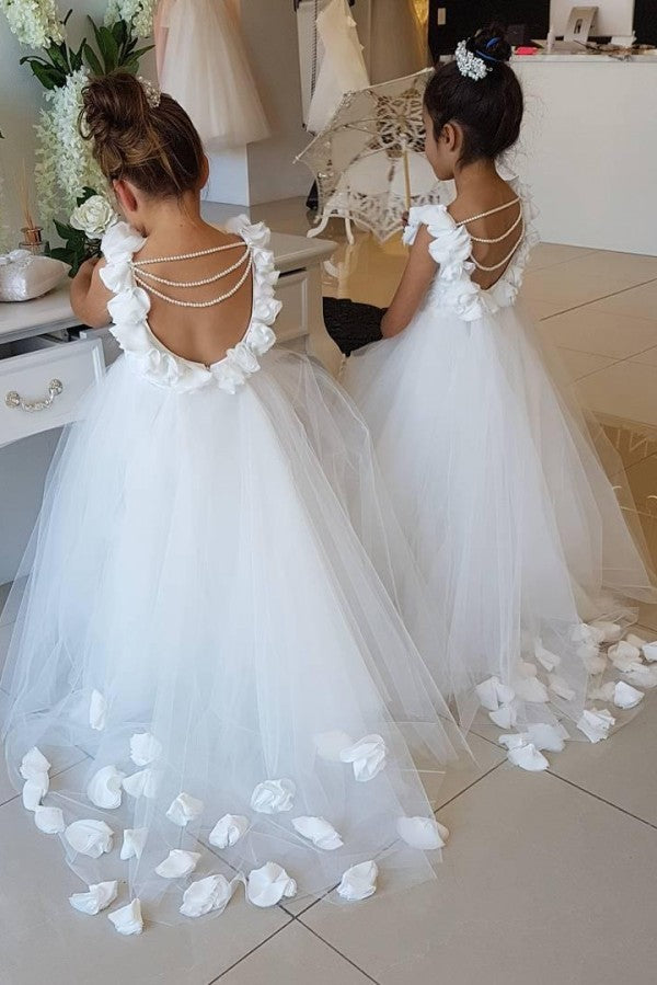 Cute Tulle Appliques Backless Flower Girl Dresses with Pearls-BMbride.com