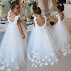 Cute Tulle Appliques Backless Flower Girl Dresses with Pearls-BMbride.com