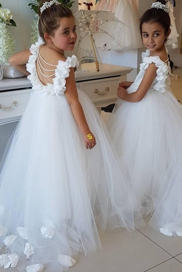 Cute Tulle Appliques Backless Flower Girl Dresses with Pearls-BMbride.com