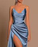 Elegant Royal Blue Long Charmeuse Evening Dress with Slit Pleats BM bride