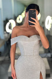 White Off-the-Shoulder Sequins Mermaid Prom Dress with Split BM bride