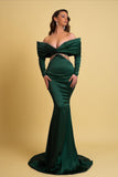 Emerald Green Off-the-Shoulder Charmeuse V Neck Mermaid Prom Dress BM bride