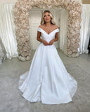 Long Off-the-Shoulder Sweetheart Backless A-Line Wedding Dress with Satin BM bride