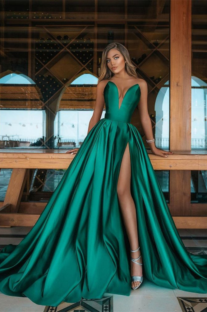 Emerald Green V-Neck Prom Dress Long with Split BM bride