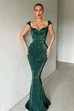 Cap Sleeves Long Sequins Prom Dress Mermaid BM bride