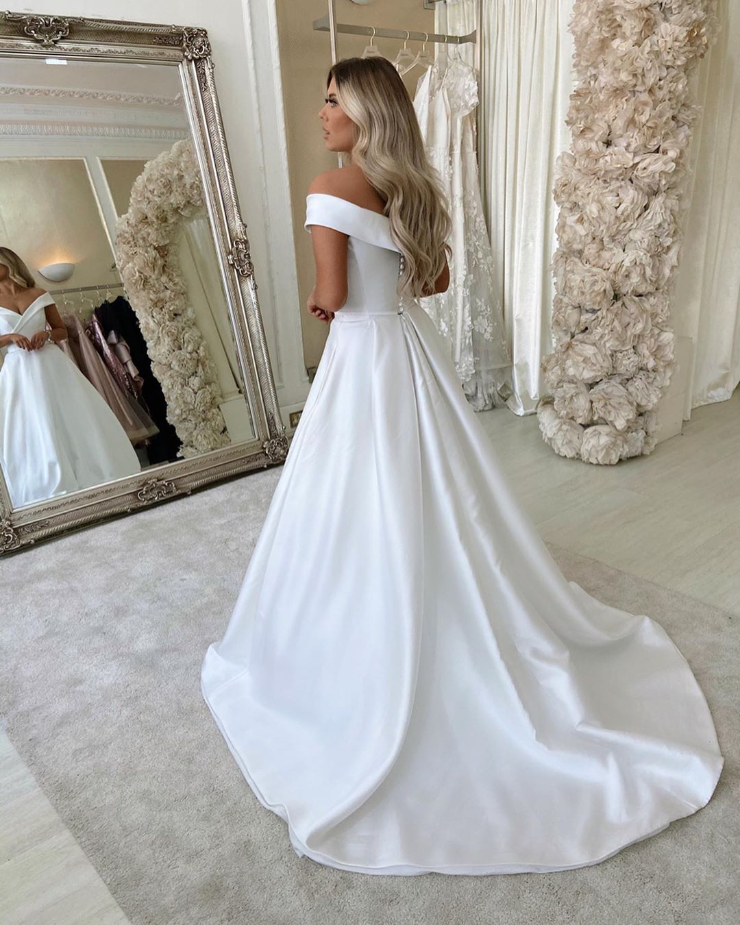 Long Off-the-Shoulder Sweetheart Backless A-Line Wedding Dress with Satin BM bride