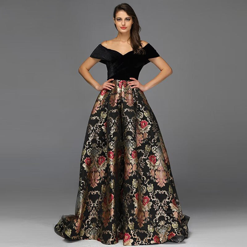 Black Off Shoulder Evening Dress with Flowers and Short Sleeves BM bride