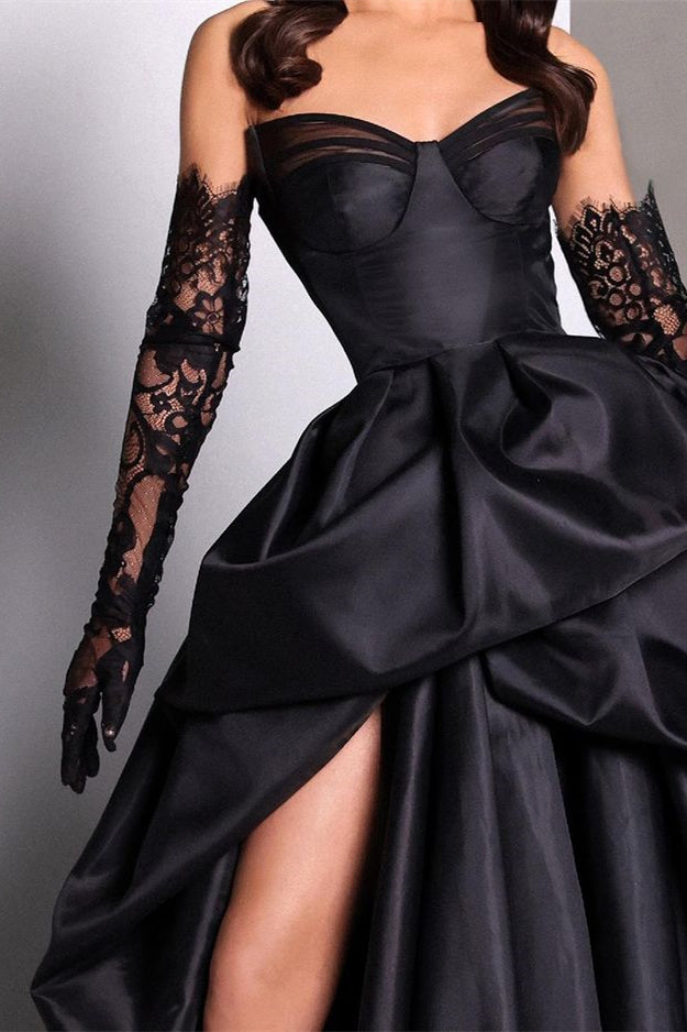 Black Sweetheart Taffeta Slit Prom Dress with Long Lace Gloves BM bride