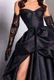 Black Sweetheart Taffeta Slit Prom Dress with Long Lace Gloves BM bride