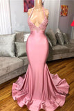 Pink Halter Mermaid Prom Dress with Lace Appliques BM bride