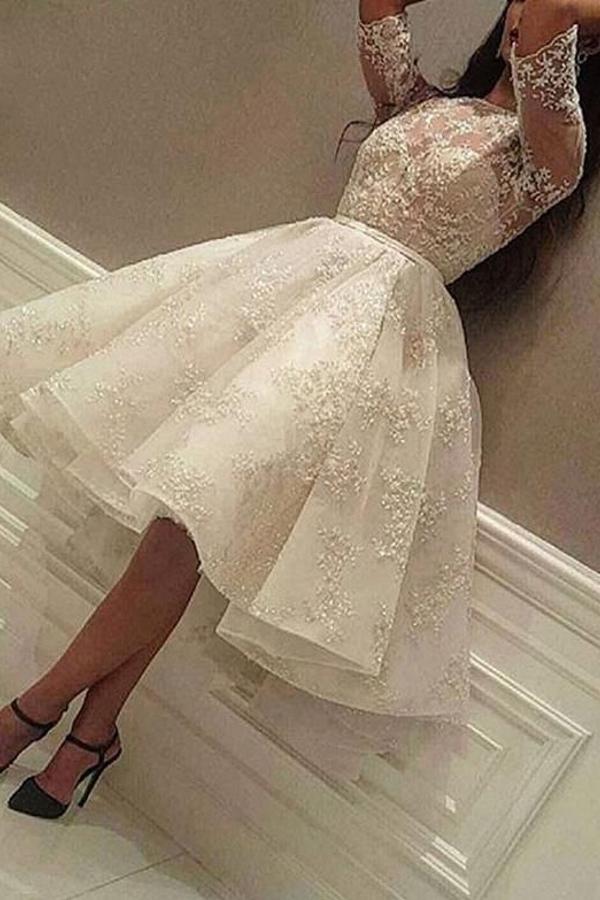 Short A-Line Jewel Neck Wedding Dress with Sleeves and Tulle Lace BM bride