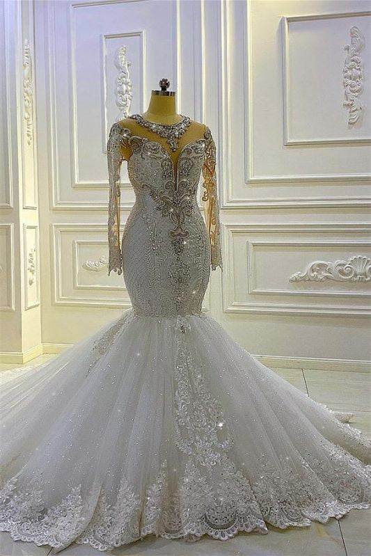 Jewel Neck Long Sleeve Mermaid Wedding Dress with Beading and Appliques BM bride