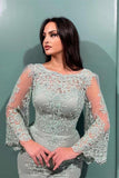 Long Sleeve Bateau Mermaid Evening Dress with Lace Appliques BM bride