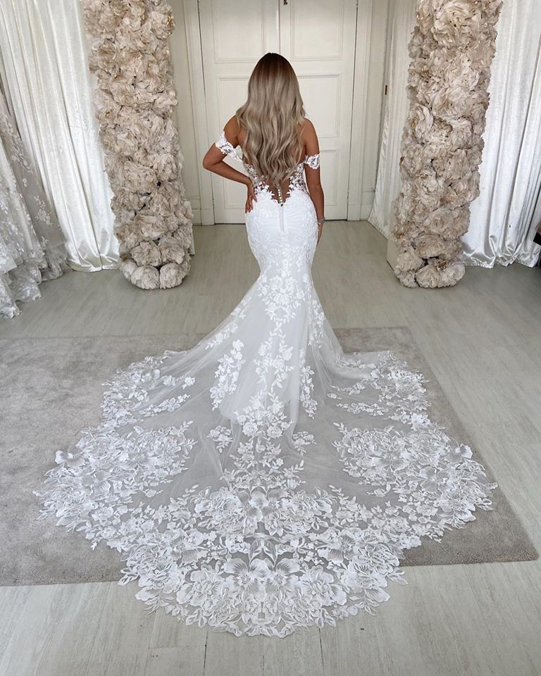 Off-The-Shoulder Long Mermaid Wedding Dress With Backless Design Lace BM bride