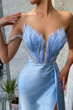 Baby Blue Off-The-Shoulder V-Neck Mermaid Prom Dress with Feathers BM bride