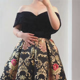 Black Off Shoulder Evening Dress with Flowers and Short Sleeves BM bride