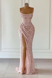 Elegant Strapless Mermaid Evening Dress with Sequins and Slit BM bride