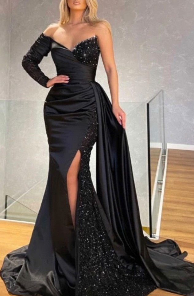 Black One-Shoulder Long Sleeve Mermaid Prom Dress with Sequins and Split BM bride