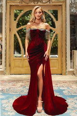 Designer Burgundy Off-the-shoulder Velvet Long Prom Dresses Evening Gowns With Slit-BMbride.com