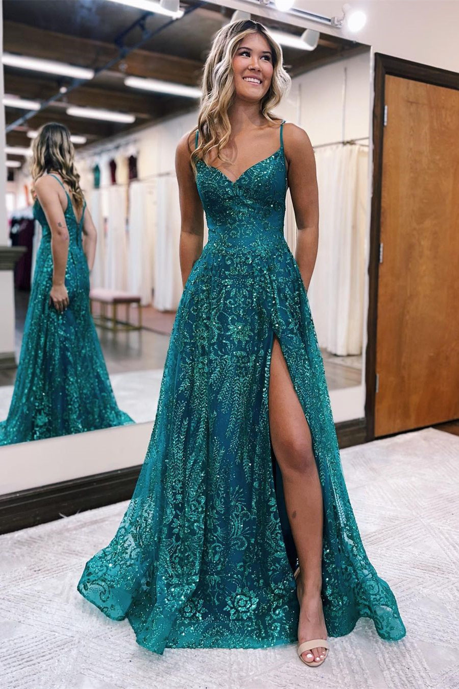 Designer Long A-line Spaghetti Straps Lace Sleeveless Prom Dress With Slit-BMbride.com