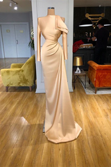 Designer Long Champagne Mermaid Satin Prom Dress With Long Sleeves-BMbride.com