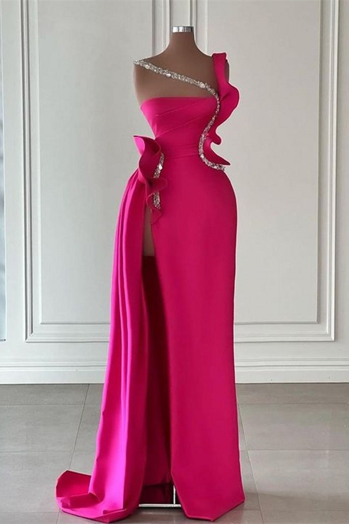 Designer Long Glitter Sleeveless Split Front Prom Dress With Ruffles-BMbride.com