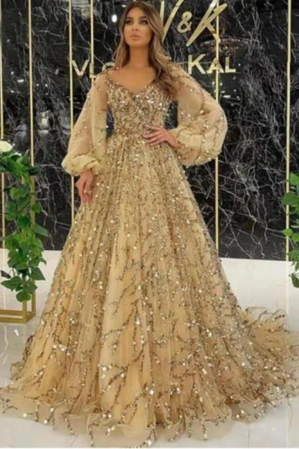 Designer Long Gold A-line Lace Sequined Long Sleeves Evening Dresses With Glitter-BMbride.com