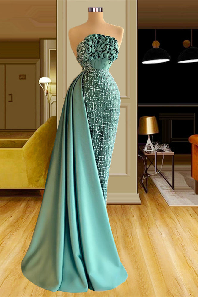 Designer Long Green Mermaid Sleeveless Beading Prom Dress With Ruffles-BMbride.com