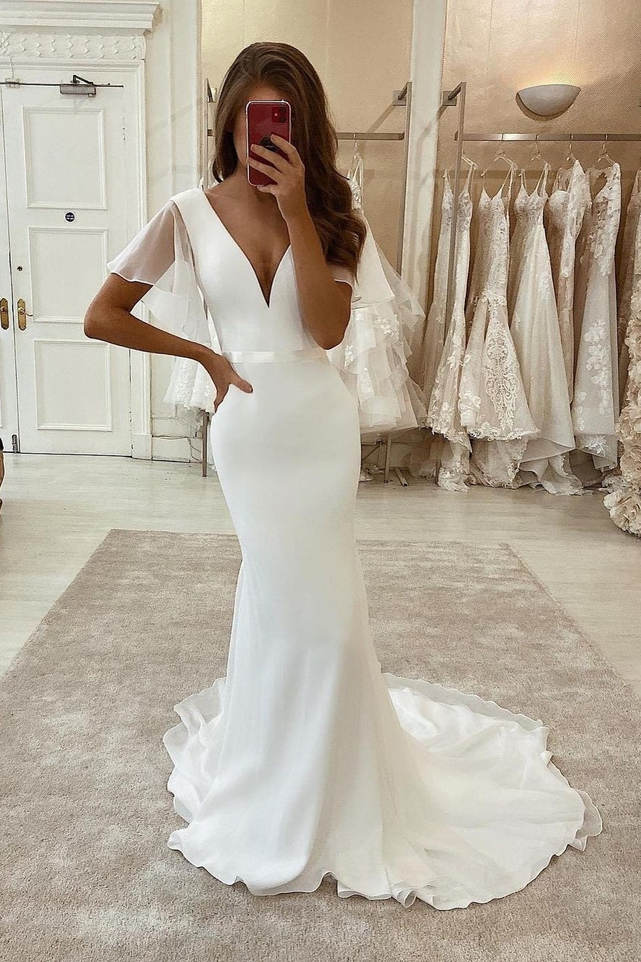 Designer Long Mermaid White Satin Tulle Short Sleeves Wedding Dress With Train-BMbride.com