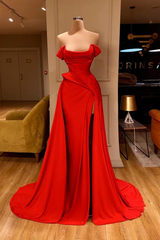 Designer Long Red A-line Sleeveless Satin Sexy Prom Dress With Slit-BMbride.com