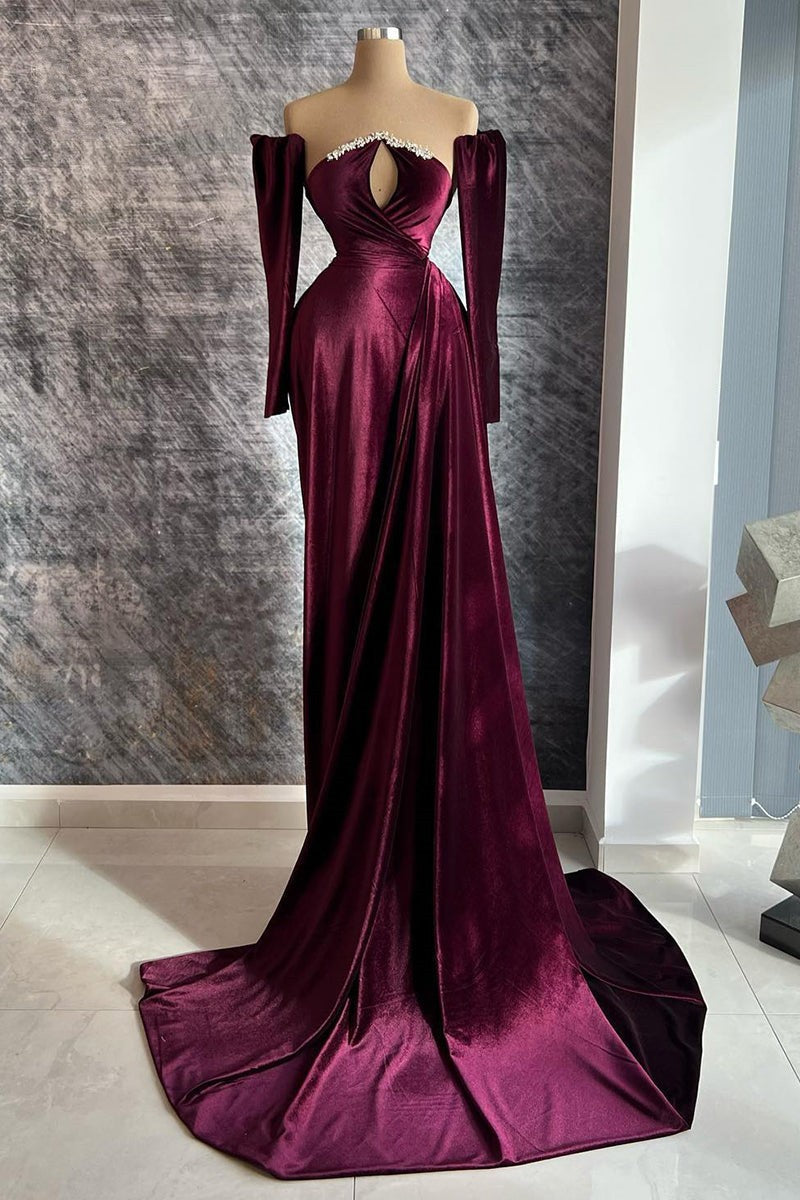 Designer Long Velvet Sequined Long Sleeves Prom Dress With Train-BMbride.com