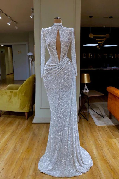 Designer Long White High Neck Long Sleeves Mermaid Sequined Prom Dress-BMbride.com