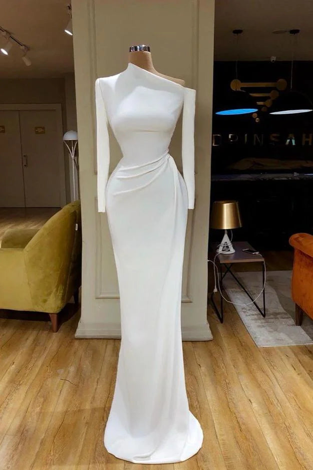 Designer Long White Mermaid One Shoulder Prom Dress With Long Sleeves-BMbride.com