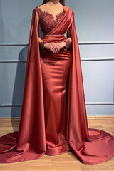 Designer Red Long Mermiad V-neck Lace Evening Dresses With Sleeves-BMbride.com