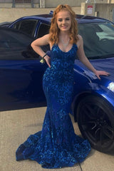 Designer Spaghetti Straps Long Mermaid Lace Sleeveless Prom Dress-BMbride.com